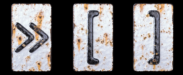 Set of symbols quotation mark, left and right square bracket made of forged metal on the background fragment of a metal surface with cracked rust.