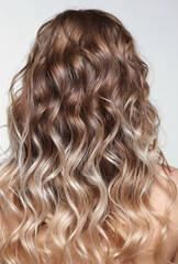 Naklejka premium Woman from backside on gray background. Female with curly hair