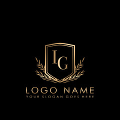 Elegant Initial Logo Letter IG, Initial Logo With Gold Shield Vector Template.