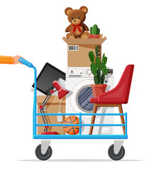 Hand truck and package for transportation. Moving to new house. Family relocated to new home. Paper cardboard boxes with various household thing. Vector illustration in flat style