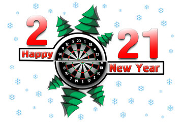 Happy new year 2021 and dartboard with Christmas trees on an snowflakes background. Creative design pattern for greeting card, banner, poster, flyer, party invitation, calendar. Vector illustration