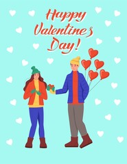 Greeting card for Valentine's day. The couple exchange gifts. Lettering happy Valentine's day. Flat vector illustration.