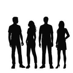 Vector silhouettes of  men and a women, a group of standing  business people, black and white color isolated on white background