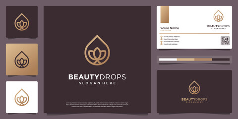 Naklejka premium Beauty gold water drop and olive oil white minimal leaf line art logo and business card design