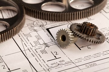 Set of gears on design plans