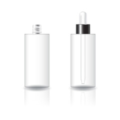 Blank clear cylinder cosmetic bottle with white-black dropper lid product mockup template.