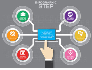 Six sided, numbered flat rainbow spectrum colored puzzle presentation infographic chart with explanatory text field isolated on white background. Vector graphic template.
