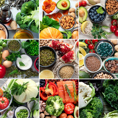 Foods high in vitamins, minerals and antioxidants. Healthy eating for immune boosting. Collage
