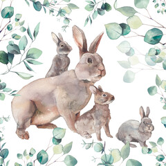 Rabbit family and eucalyptus leaves illustration. Happy Mother day card with baby bunny and mom. Animals isolated on white background