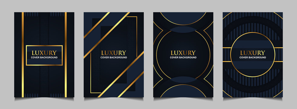 Set Luxury VIP Premium Cover Layout Design Template With Blue Navy And Gold Line. Abstract Vector A4 Graphic Can Use Product Package, Annual Report, Business Brochure , Wedding Invitation, Card, Flyer