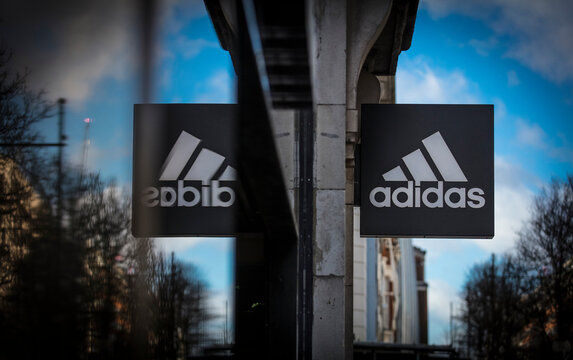 London, Greater London, United Kingdom, 7th February 2018, A sign and logo for an adidas shop