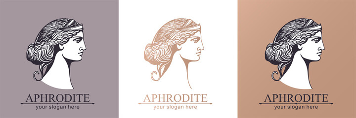 Aphrodite or Venus. Woman face logo. Emblem for a beauty or yoga salon. Style of harmony and beauty. Vector illustration