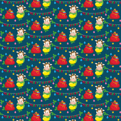 Christmas pattern of a cow in a sock, a bag with gifts, garlands on a dark blue background