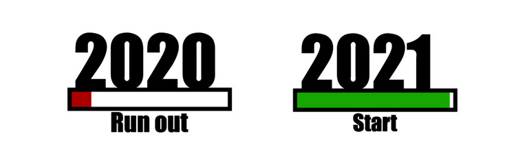 A set of illustrations showing the end of 2020 and the start of 2021, a new year download screen and a progress bar almost to New Year's Eve. Vector illustration. Isolated on white background