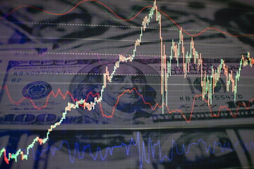 Technical price graph and indicator, red and green candlestick chart on blue theme screen, market...