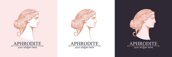 Aphrodite or Venus. Woman face logo. Emblem for a beauty or yoga salon. Style of harmony and beauty. Vector illustration