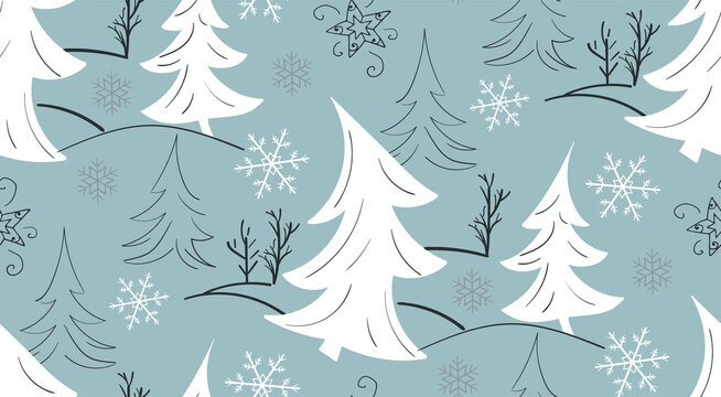 Winter forest. White firs and other trees, snowflakes on blue background. Christmas seamless pattern