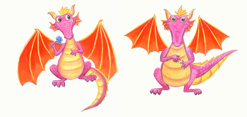The cute fantasy dragon is a funny pink reptile.