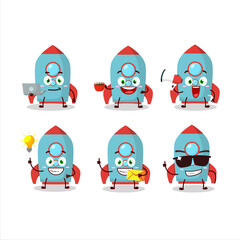 Blue rocket firecracker cartoon character with various types of business emoticons