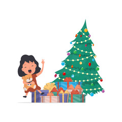 Happy children with gifts. Happy children, gift boxes, Christmas tree. Isolated. Vector.