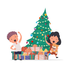Happy children with gifts. Happy children, gift boxes, Christmas tree. Isolated. Vector.