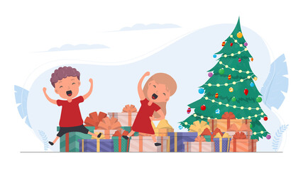 Happy children with gifts. Happy children, gift boxes, Christmas tree. Isolated. Vector.