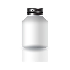 Blank white round supplements, medicine bottle with black cap lid for beauty or healthy product.