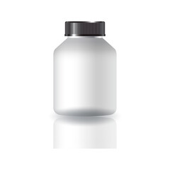 Blank white round supplements, medicine bottle with black grooved lid for beauty or healthy product.