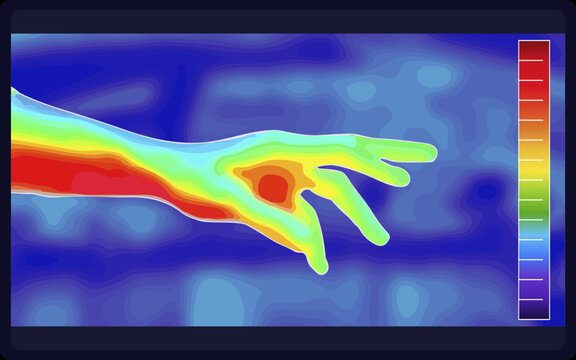 Vector graphic of Thermographic image of Hand pose like picking something on blurred background. Hand pose like picking something showing different temperatures in range of colors. infrared color.