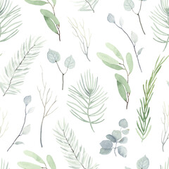 Watercolor seamless pattern with winter branches, leaves eucalyptus and Christmas twigs. Tender floral green illustration on white background in vintage style.