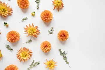Gordijnen Beautiful orange dahlia flower buds and eucalyptus branches pattern on white background. Flat lay, top view minimalistic still life creative floral texture. © Floral Deco