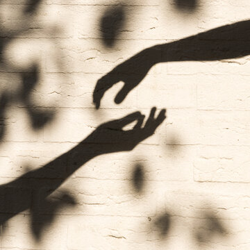 shadow on the wall of hands of two persons nearly touching longing for contact