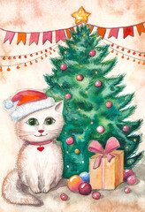 Postcard New Year's cat near the Christmas tree. 