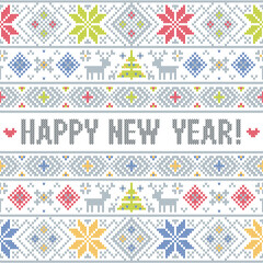 Happy New Year 2021 knitting card. Scandinavian style with deer, snowflakes, fir. Design for sweater, wallpaper, greeting card. Knitted effect background. Red, green, blue and white colors.
