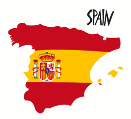 Fototapeta premium Vector hand drawn stylized map of Spain with flag. Travel illustration of Spain Kingdom shape. Europe map element