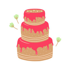 Hand drawn three-tiered birthday cake isolated on a white background. Illustration in a simple flat style. It can be used for decoration of textile, paper and other surfaces.
