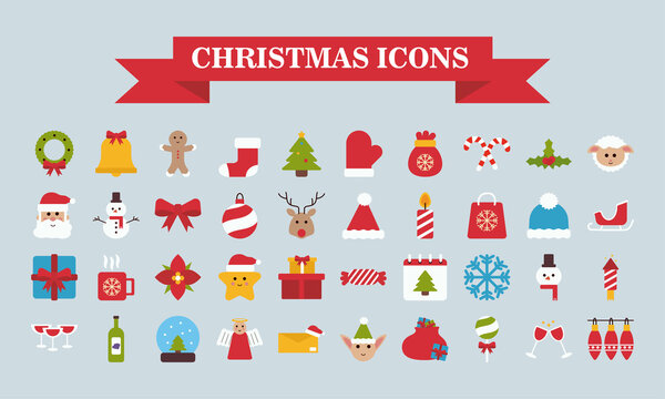 lettering in ribbon and bundle of merry christmas flat style icons