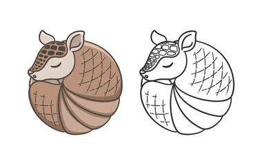 Armadillo sleeping and rolled up into a ball cartoon vector illustration. Colored and outline set. Cute animal character design.