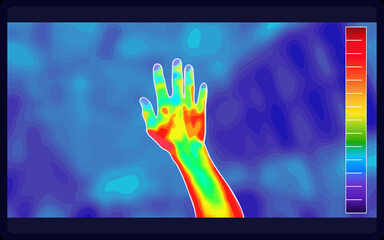Illustration vector graphic of thermal Image Scanning Human hands and finger on blurred background. Electromagnetic spectrum. infrared color. infrared color scale. vector EPS 10.