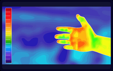 Vector graphic of Thermographic image of hands want to shake hands with someone on blurred background. Hands want to shake hands with someone showing different temperatures in range of colors. - obrazy, fototapety, plakaty