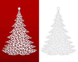 Christmas leopard vector tree with star. Template for laser, paper cutting. Stencil. Decorative illustration. Silhouette for cards, flyers, print. Modern design for winter holidays. Home decor.