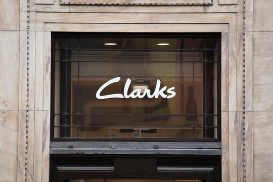 London, Greater London, United Kingdom, 7th February 2018, A sign and logo for Clarks Shoes