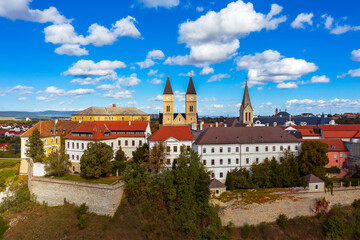 Fototapeta na wymiar Veszprem city castle aera in aerial photo. Amazing city part with historical old houses, church and much more. The most beautiful part of this city.
