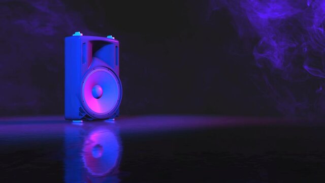working speaker system in neon lighting, 3d animation