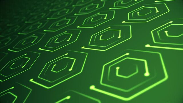 Circuit board styled background animation with data nodes transferring in repeating hexagonal shapes. This modern, green technology motion background is a seamless loop.