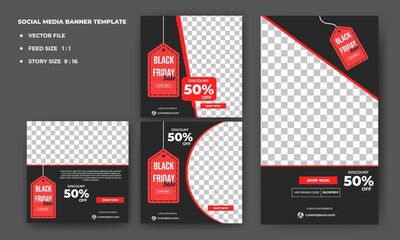 Set of editable square banner template. Social media post template design of black friday sale. Flat design banner template with photo collage. Usable for social media post, story and internet ads