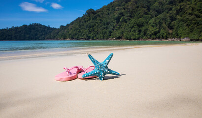 Summer tropical of a holiday vacation concept with Beach Accessories and flip-flops ,white sand beach background