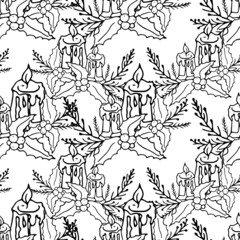 Candle holly seamless pattern monochrome decorative on white art design stock vector illustration for web, for print, for coloring page