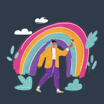 Vector illustration of Young woman painted rainbow on dark backround.