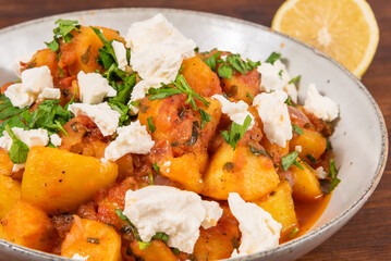 Greek vegetable stew of potatoes and vegetables in tomato sauce with chunks of soft feta cheese in a plate on a wooden table, top view, close-up
